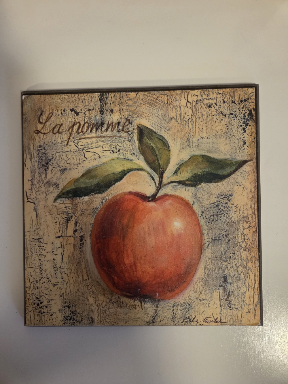 Red Apple Artwork with Green Leaves on Canvas